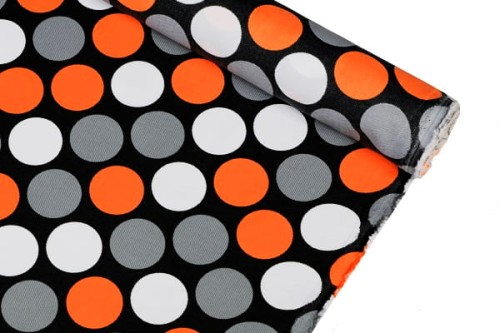 tkanina poliester dekoracyjna wodoodporna PU wzór DECO 26 grochy kółka koła pomarańczowe orange agatex (1).jpg